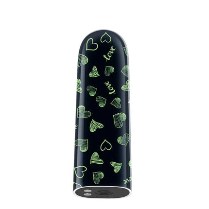 Vibrating Bullet Glow-in-the-dark with heart design, USB-rechargeable and compact for discreet use. Features 10 vibration functions.