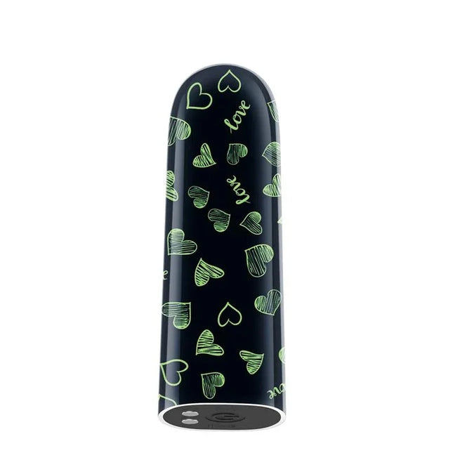 Vibrating Bullet Glow-in-the-dark with heart design, USB-rechargeable and compact for discreet use. Features 10 vibration functions.