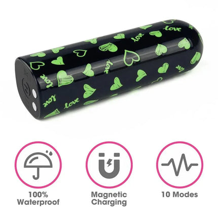 Vibrating Bullet Glow-in-the-dark with 10 vibration functions, waterproof design, and magnetic charging, in a playful heart pattern.