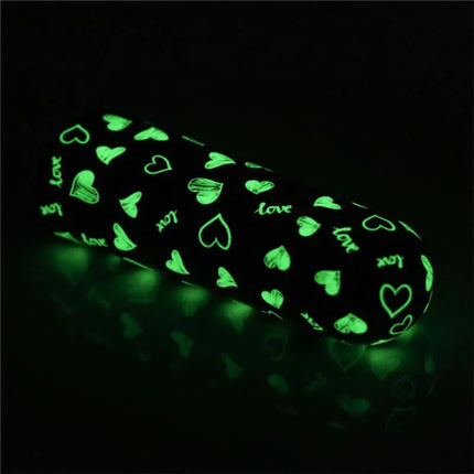 Vibrating Bullet Glow-in-the-dark with glowing hearts and love pattern, compact and discreet with 10 vibration functions for personal pleasure.