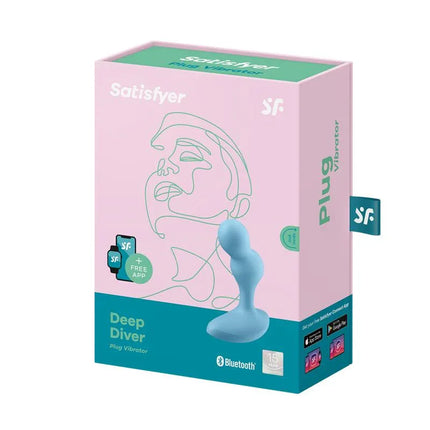 Deep Diver Buut Plug with Vibration Satisfyer Connect APP Blue in packaging with Bluetooth and app connectivity features displayed.