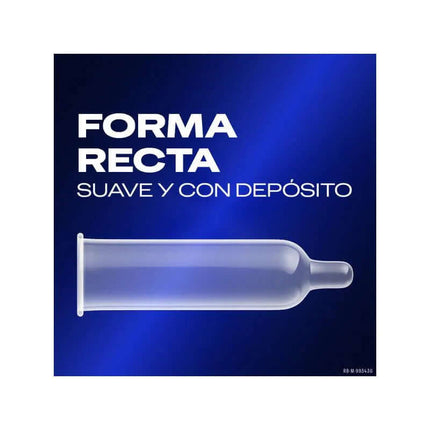 Illustration showing condom with text 'Forma Recta Suave y Con Depósito' on blue background