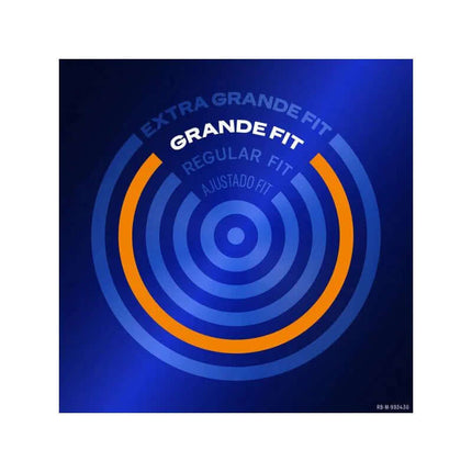 Condoms Perfect Connection 10 Units - Grande Fit size chart highlighting a large, regular, and extra large fit. Blue circular design.