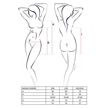 Size chart for Nadin Chemise Turquoise with measurements in S/M, L/XL, XXL/XXXL covering bust, waist, and hip dimensions.
