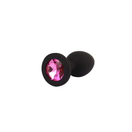 Jewel Butt Plug with Gem featuring a black silicone body and pink acrylic jewel