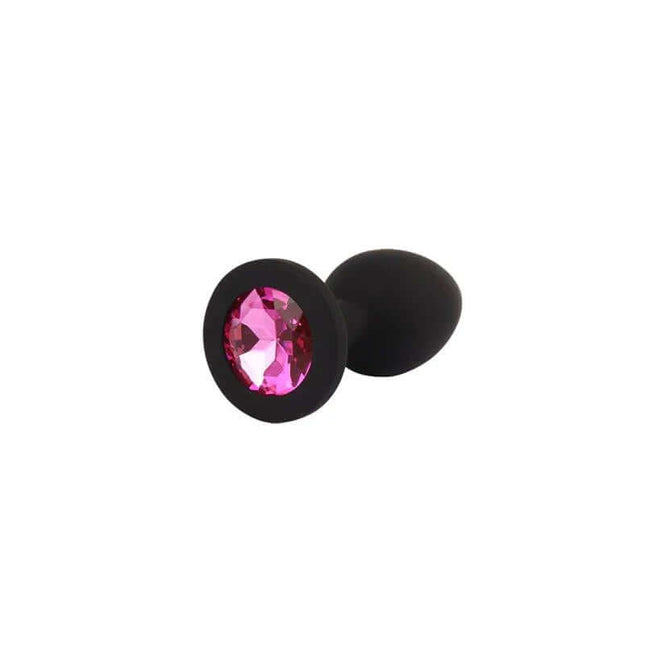Jewel Butt Plug with Gem featuring a black silicone body and pink acrylic jewel