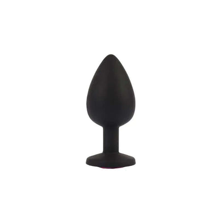 Jewel Butt Plug with Gem, black silicone body, red jewel base, designed for comfortable and stylish solo or couples play.