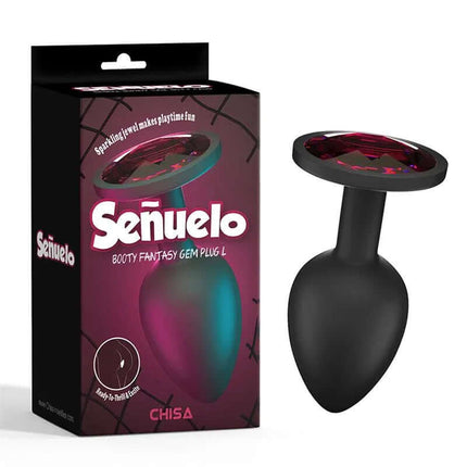 Jewel Butt Plug with Gem showcasing a silicone plug with a red acrylic jewel, boxed with vibrant packaging for stylish pleasure.