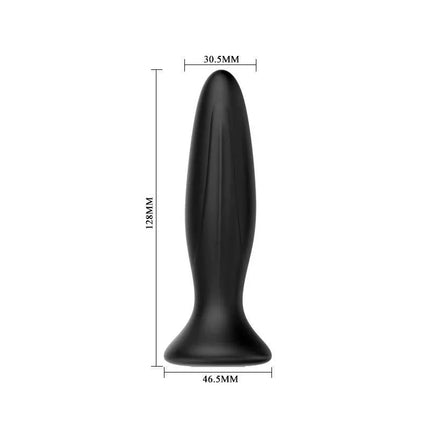 12 Function Vibrating Butt Plug for Enhanced Pleasure in black silicone, shown with dimensions for ergonomic use.