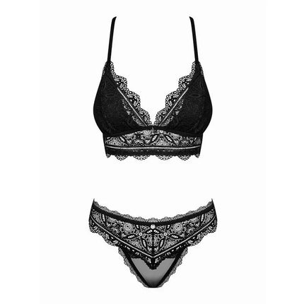 Renelia 2 Piece Lace Set black lace bra and thong with delicate detailing and adjustable straps, offering exquisite style and comfort.