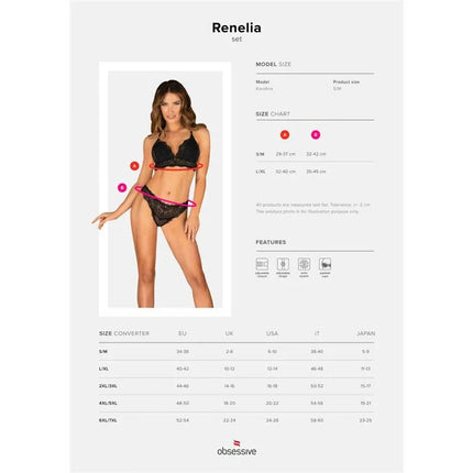 Renelia 2 Piece Lace Set with size chart and fitting details.