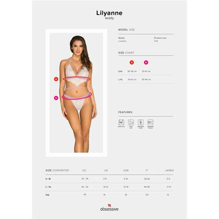 Lilyanne Teddy White bodysuit featuring a provocative design with lace, size chart included.