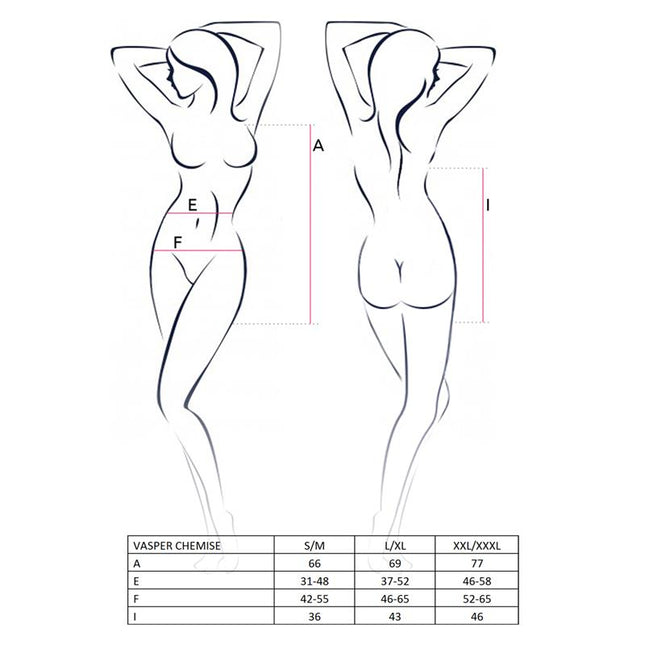 Size chart illustration for Vasper Chemise Black showing measurements for S/M, L/XL, XXL/XXXL sizes.