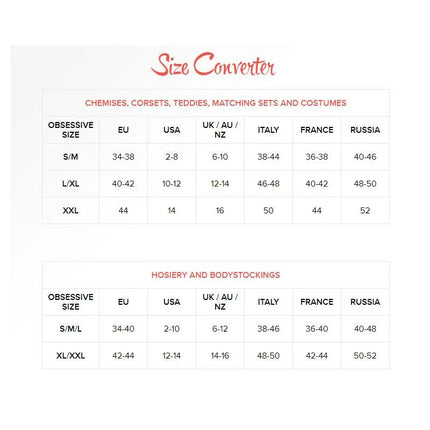 Size converter chart for international sizing of chemises, corsets, teddies, and hosiery for Emperita Corset and Thong Black.