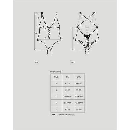 Fiorenta Teddy Black size chart and design illustration by Obsessive, showcasing floral lace lingerie measurements for a perfect fit.