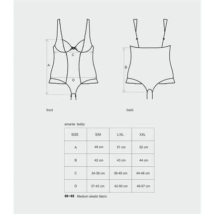 Size chart and diagram for Amanta Body Black and Blue bodysuit, showing dimensions in different sizes.