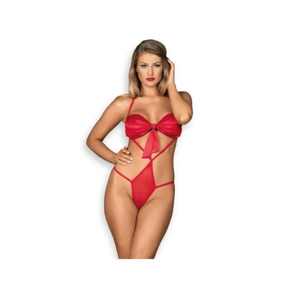 Giftella Teddy Red lingerie with adjustable straps and halter neck for a daring, flattering silhouette available in sizes S/M and L/XL.
