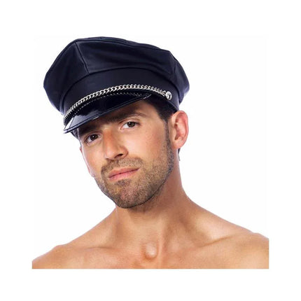 Police Cap in black imitation leather with metal chain for adult role-play, shown on male model.