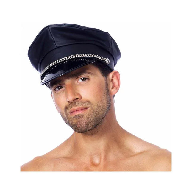 Police Cap in black imitation leather with metal chain for adult role-play, shown on male model.