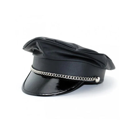 Police Cap in black imitation leather with metal chain detail, perfect for adult role-play and BDSM, available in sizes S/M and M/L.