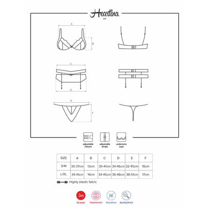 Size chart and design layout for Heartina 3 Pieces Set Black, featuring bra, thong, and garter belt measurements.