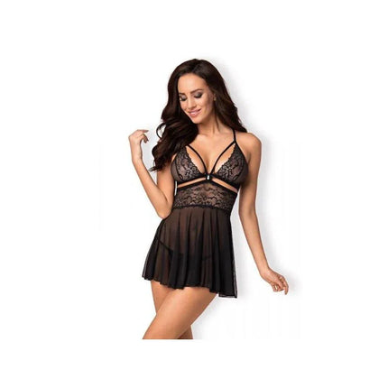 Babydoll and Thong Set Black with floral pattern and sheer skirt, designed for comfort and style, perfect for intimate evenings.