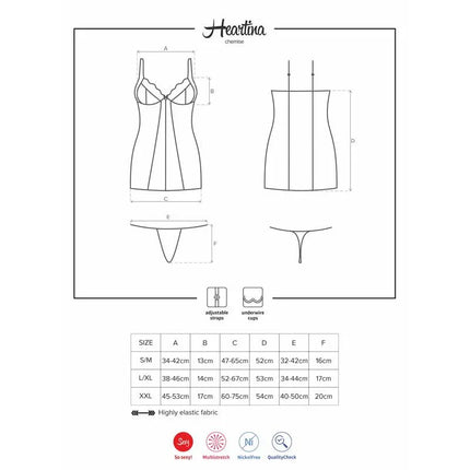 Heartina Chemise Black size chart with measurements for S/M, L/XL, and XXL, featuring adjustable straps and comfortable fabric.
