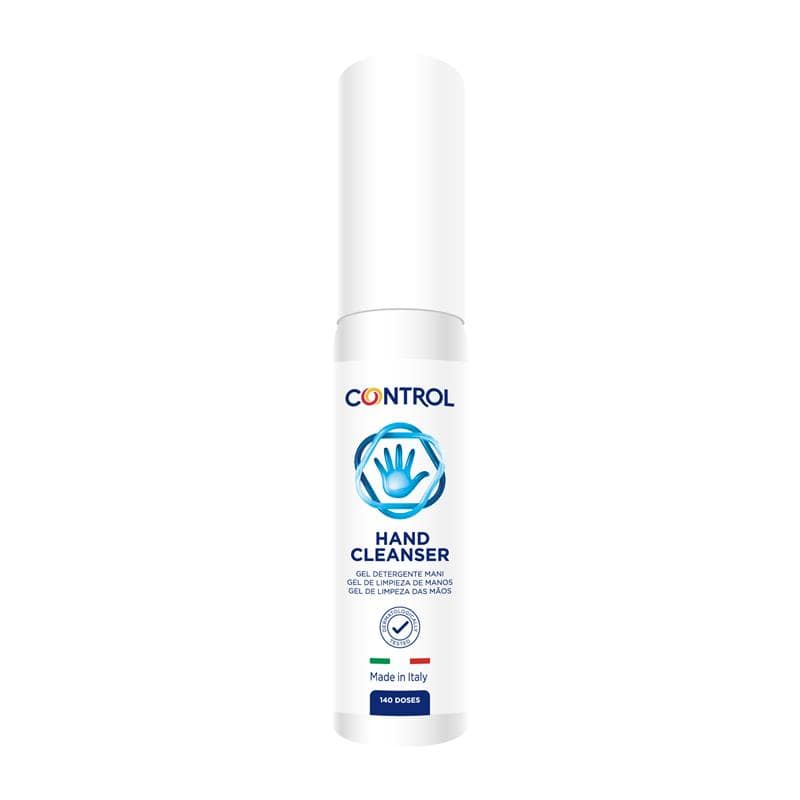 White cylindrical 25ml hand cleansing gel bottle with blue hand icon and Control brand logo.