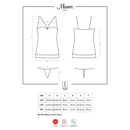 Size guide for Chemise Chemise White, Miamor Collection, showing measurements for S/M, L/XL, and XXL sizes.
