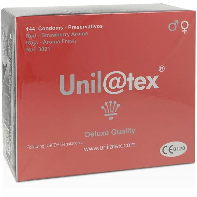 Strawberry Flavored Condoms 144 Units by Unilatex, deluxe quality packaging.