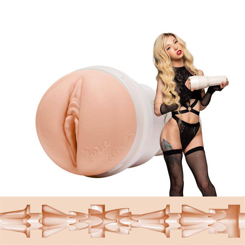 Fleshlight with realistic vaginal texture in flesh tone, showing internal canal design and packaging with model holding the.