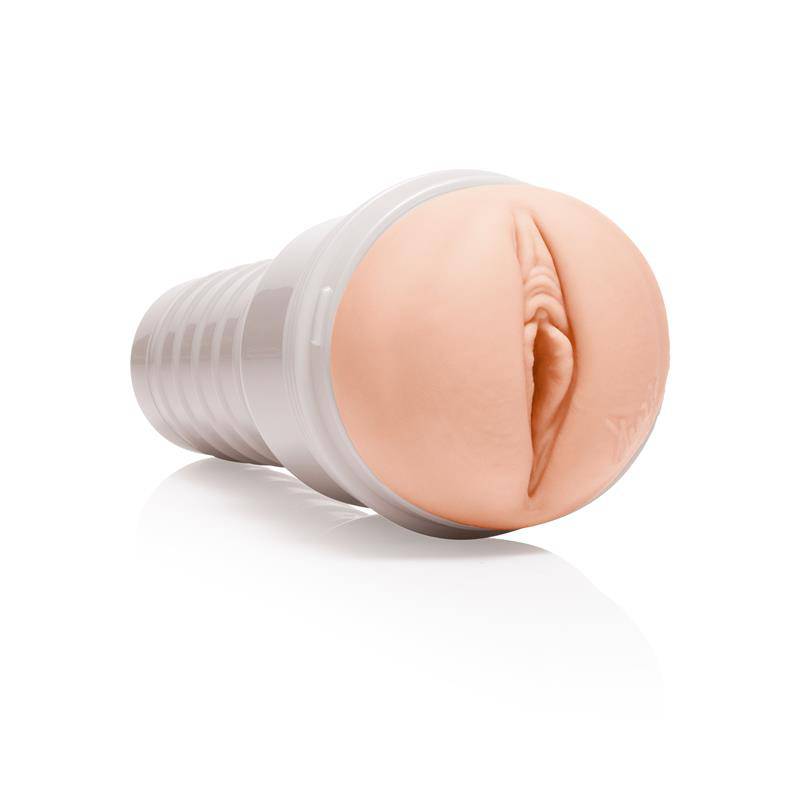 Fleshlight with realistic flesh-toned vaginal entrance and textured white plastic casing.