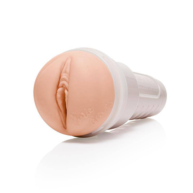 Flesh-colored soft silicone vaginal sleeve with realistic texture in white plastic casing.