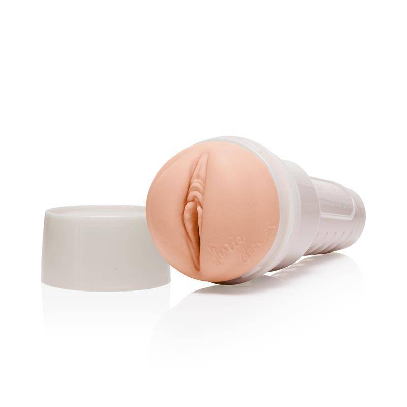 Flesh-colored realistic textured Fleshlight sleeve with removable white plastic case and cap.