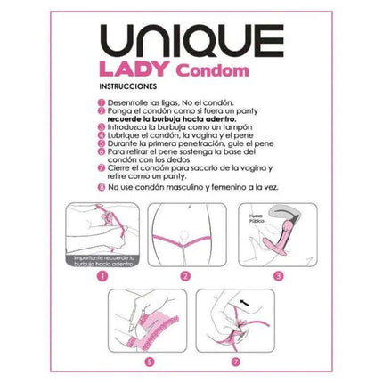 Instructions for Uniq Lady Female Condoms No Latex 3 pcs, featuring step-by-step guide and illustrations for proper use.