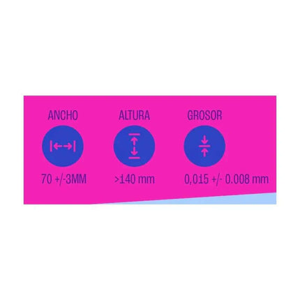Image showing dimensions of Lady Female Condoms No Latex 3 pcs: Width 70mm, Height >140mm, Thickness 0.015mm.