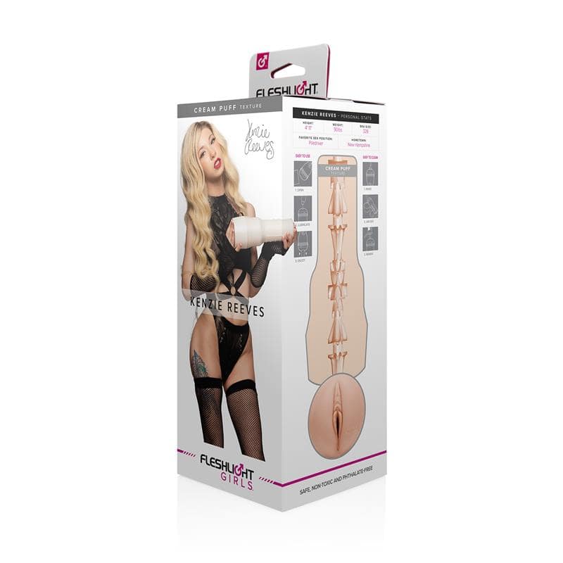 White Fleshlight case with Kenzie Reeves Creampuff Pussy Vagina branding and image of a woman in black lingerie on packaging.