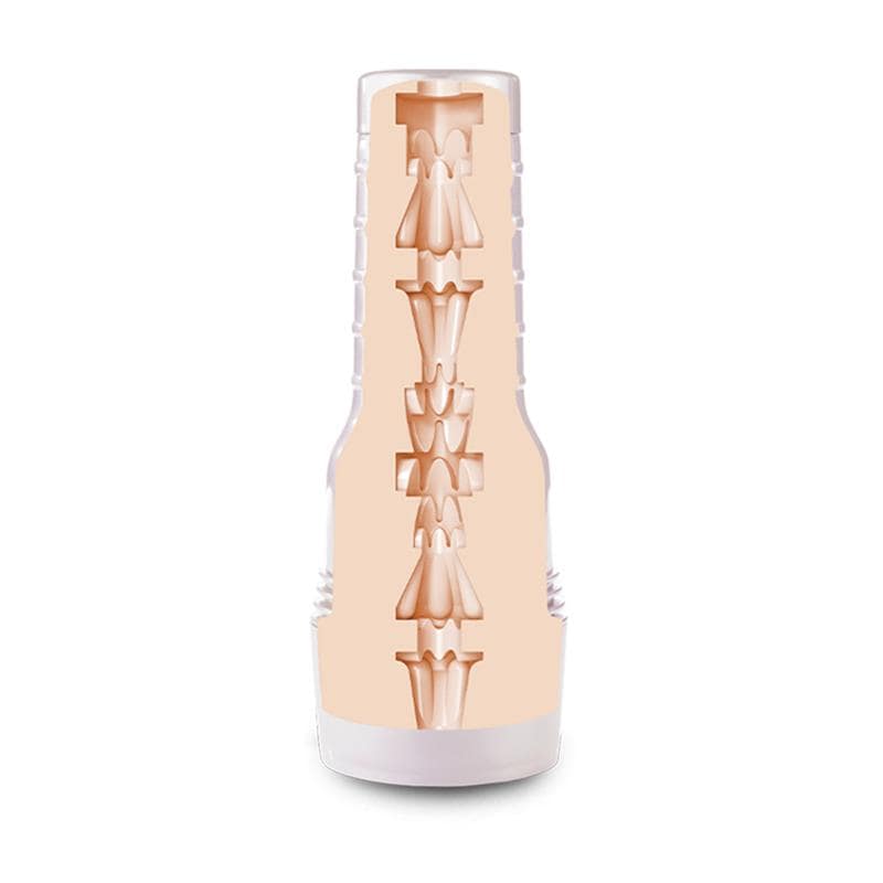 Fleshlight sleeve with detailed internal texture in pale peach color and white base cap.