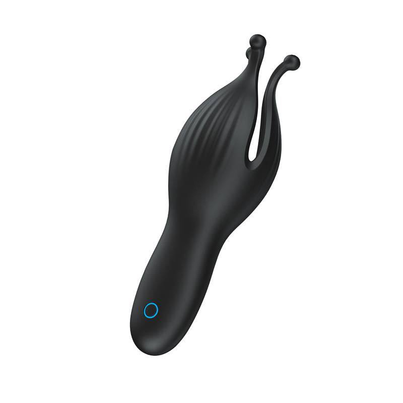 Black silicone male masturbator with ergonomic handle and two flexible prongs, blue power button.