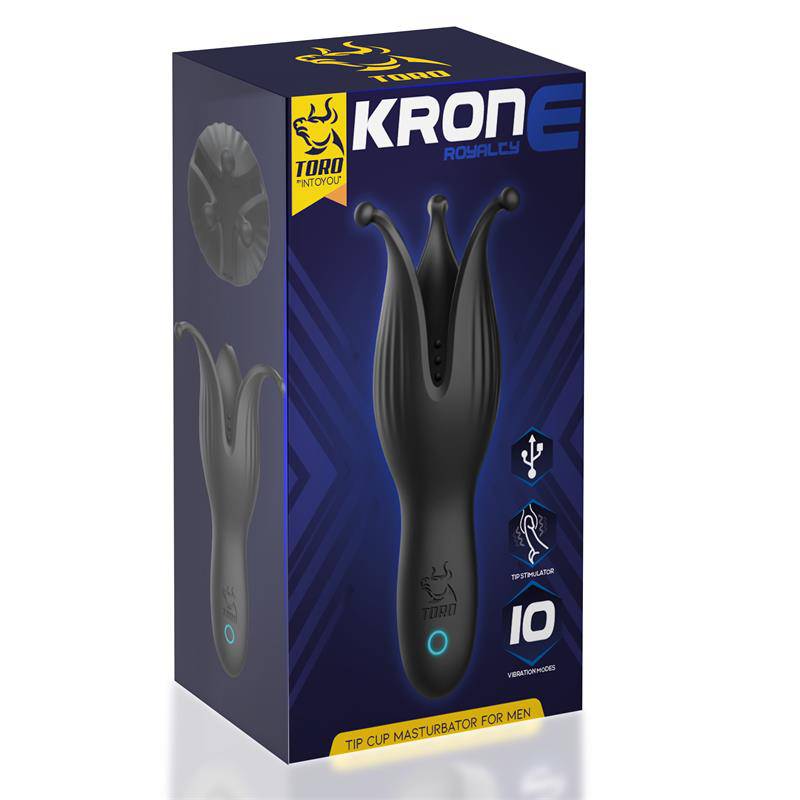 Black silicone Krone Tip Cup Masturbator with USB charging icon on dark blue box packaging.