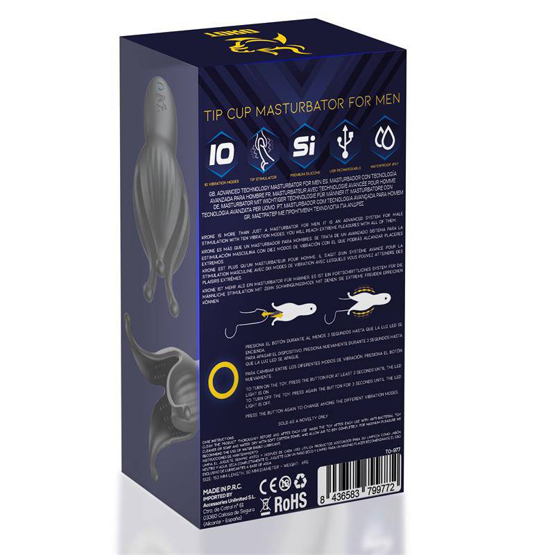 Dark blue packaging box with yellow and white text detailing Krone Tip Cup Masturbator features and usage instructions.