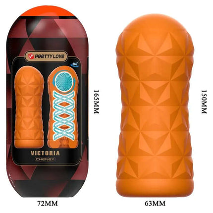 15 Masturbator Set 3 Styles - Orange textured sleeve with package dimensions, versatile pleasure product for solo or partner use.