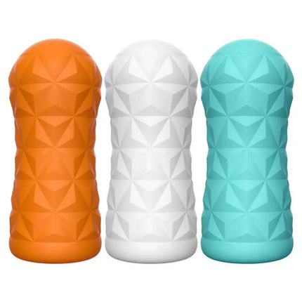 15 Masturbator Set 3 Styles featuring orange, white, and teal textured sleeves for versatile pleasure options.