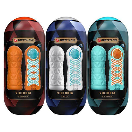 15 Masturbator Set 3 Styles packaging featuring rotating coil, top-stimulation ball, and textured sleeves for diverse pleasure.