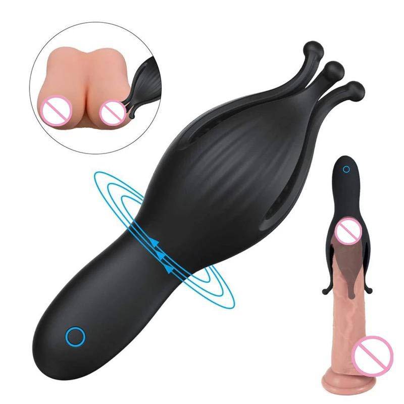 Black silicone Krone Tip Cup masturbator with ergonomic handle and remote control.