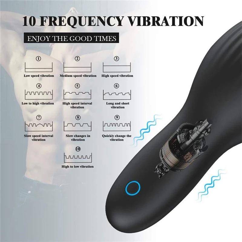 Black silicone vibrating male masturbator with USB charging port and control button.