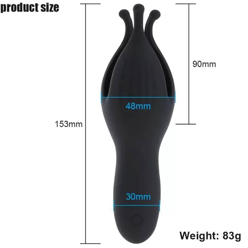 Black silicone Krone Tip Cup Masturbator with curved top and measured dimensions labeled.