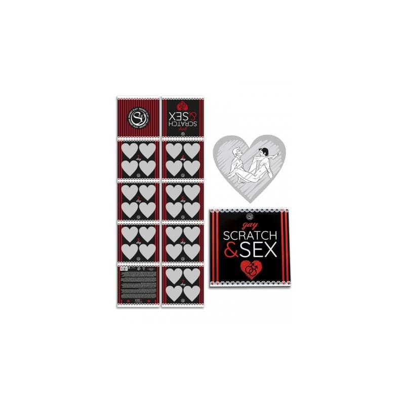 Scratch and Sex game packaging with multiple heart-shaped scratch cards and a black and red logo card.
