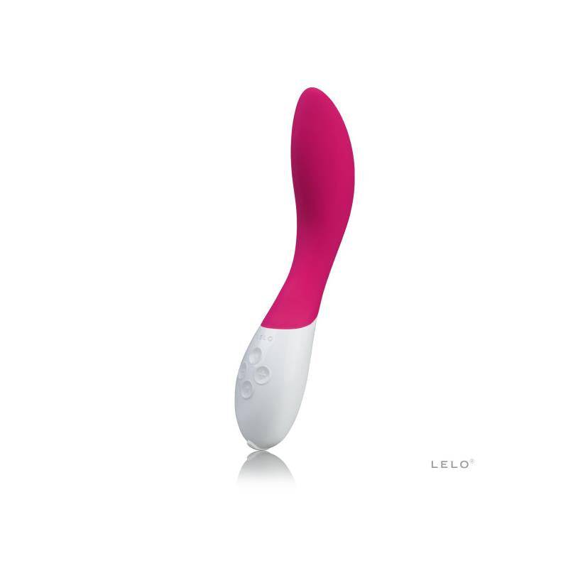 Cerise pink curved vibrator with smooth silicone surface and white ergonomic handle.