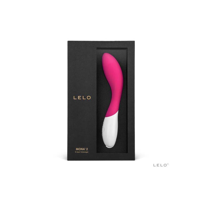 Cerise pink LELO MONA 2 vibrator with curved tip in black gift box.